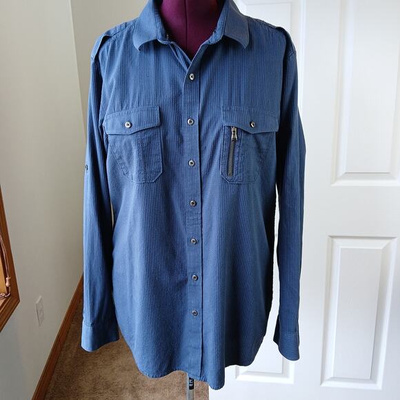 R&R Blue Cotton Button Up Shirt Mens XL long roll tab sleeves jacquard stripes - Picture 7 of 15